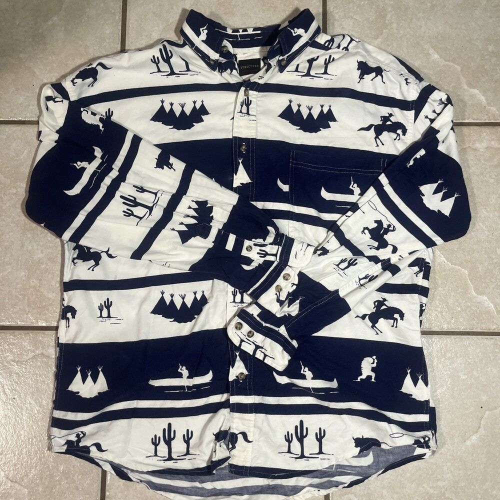 Vintage Structure Mens Button Shirt M Cowboy Western Cactus Teepee Navy Rodeo